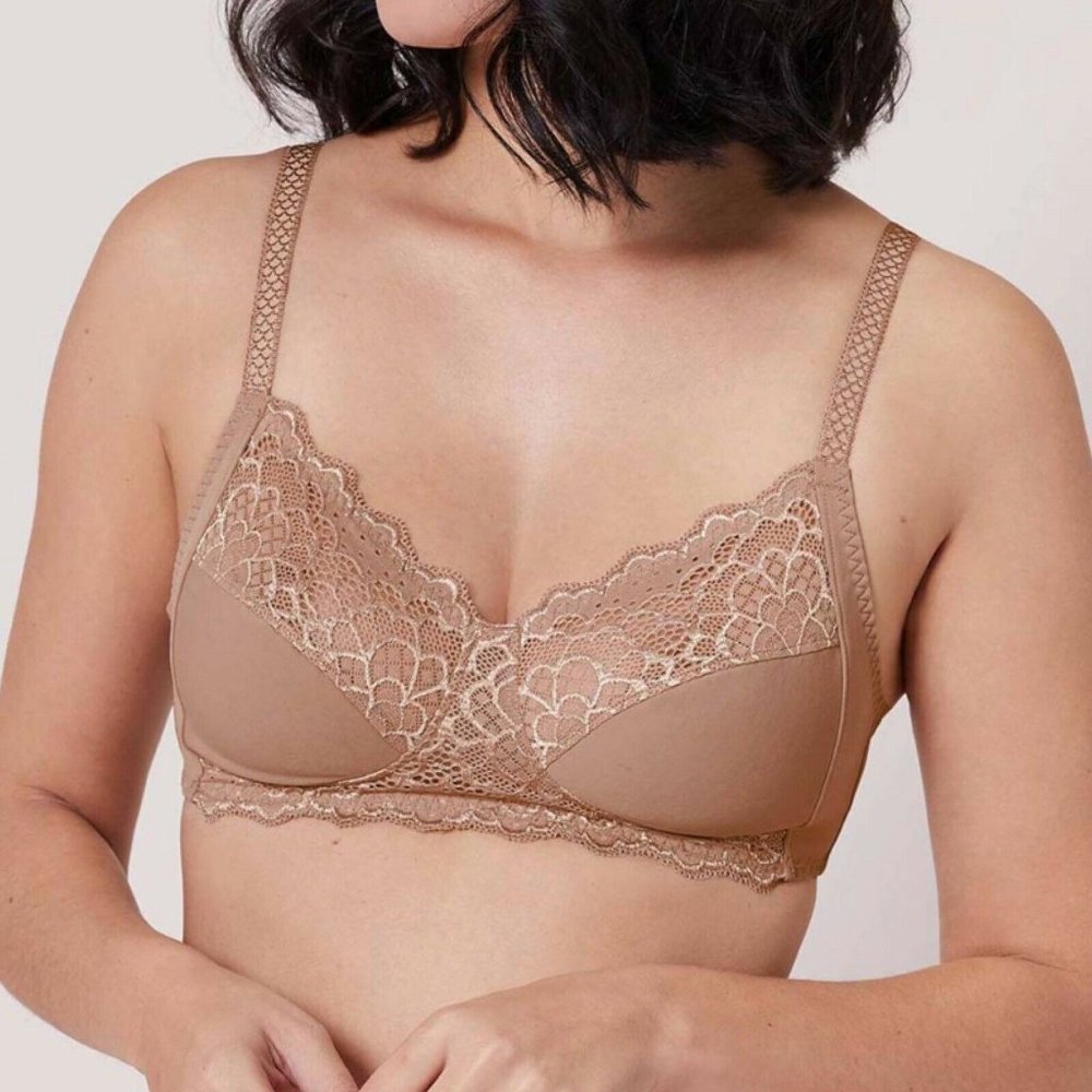 Simone Perele Paris Caresse Bra 36C 3D Soft Cup Beige Wireless Nutmeg Lace
